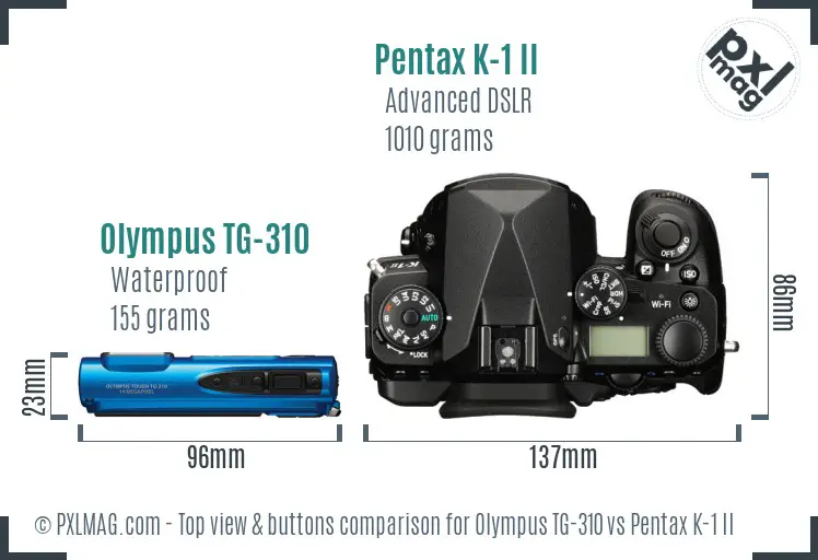 Olympus TG-310 vs Pentax K-1 II top view buttons comparison