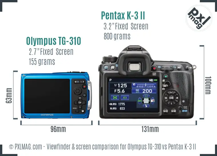 Olympus TG-310 vs Pentax K-3 II Screen and Viewfinder comparison