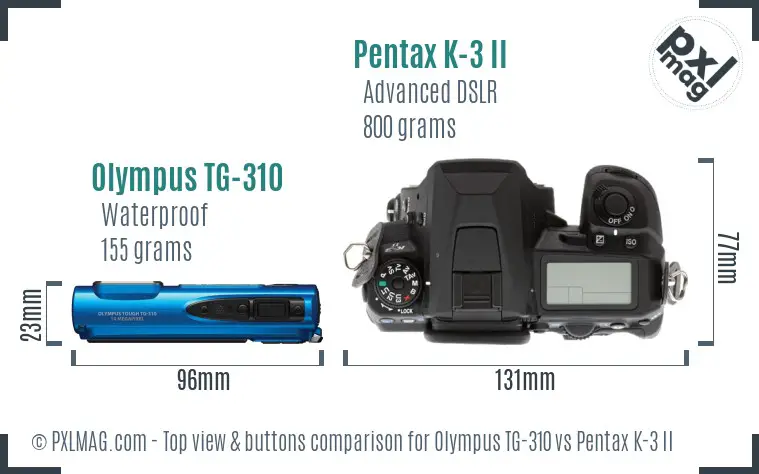 Olympus TG-310 vs Pentax K-3 II top view buttons comparison