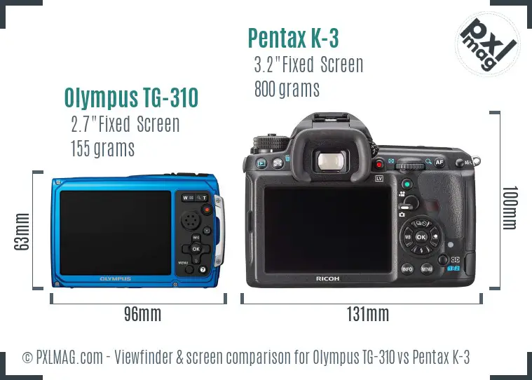 Olympus TG-310 vs Pentax K-3 Screen and Viewfinder comparison
