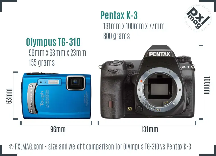 Olympus TG-310 vs Pentax K-3 size comparison