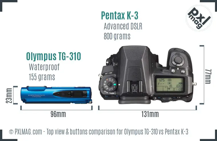Olympus TG-310 vs Pentax K-3 top view buttons comparison