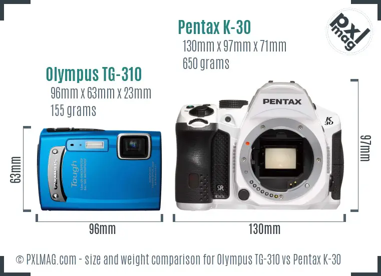 Olympus TG-310 vs Pentax K-30 size comparison