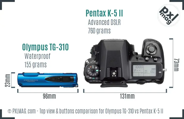 Olympus TG-310 vs Pentax K-5 II top view buttons comparison