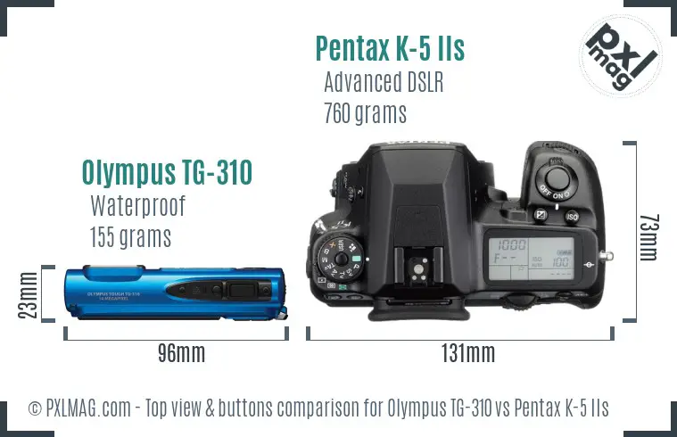 Olympus TG-310 vs Pentax K-5 IIs top view buttons comparison