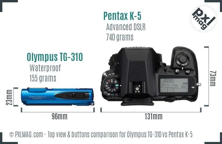 Olympus TG-310 vs Pentax K-5 top view buttons comparison