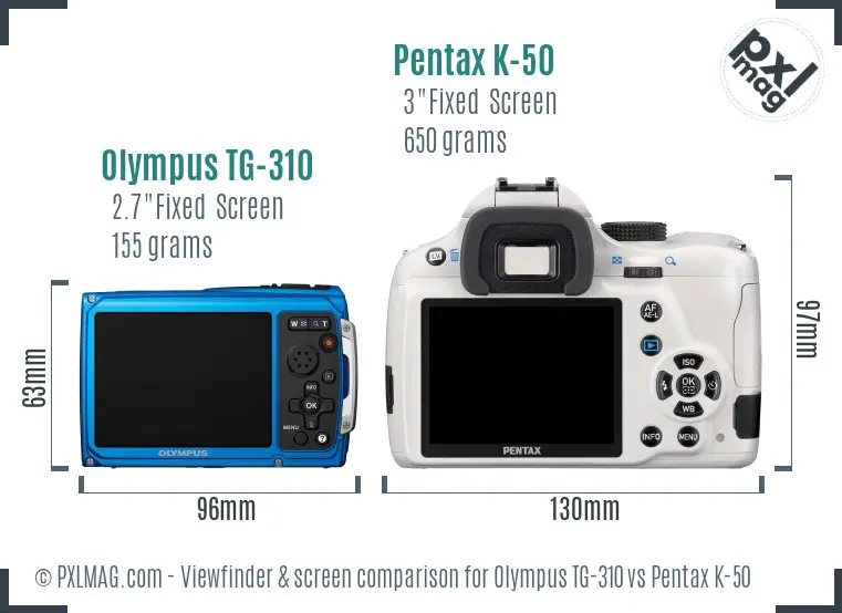 Olympus TG-310 vs Pentax K-50 Screen and Viewfinder comparison