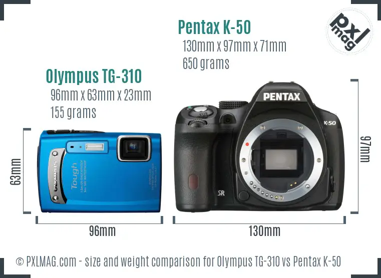 Olympus TG-310 vs Pentax K-50 size comparison