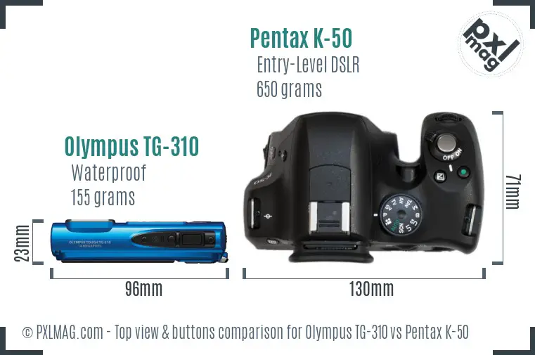 Olympus TG-310 vs Pentax K-50 top view buttons comparison