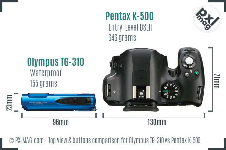 Olympus TG-310 vs Pentax K-500 top view buttons comparison