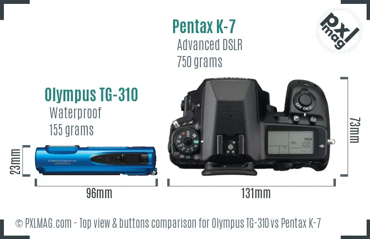 Olympus TG-310 vs Pentax K-7 top view buttons comparison