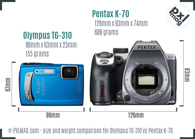 Olympus TG-310 vs Pentax K-70 size comparison