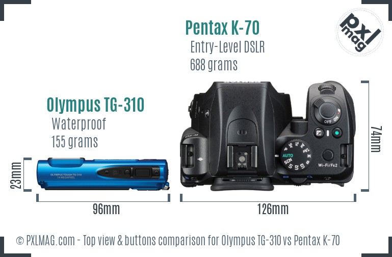 Olympus TG-310 vs Pentax K-70 top view buttons comparison