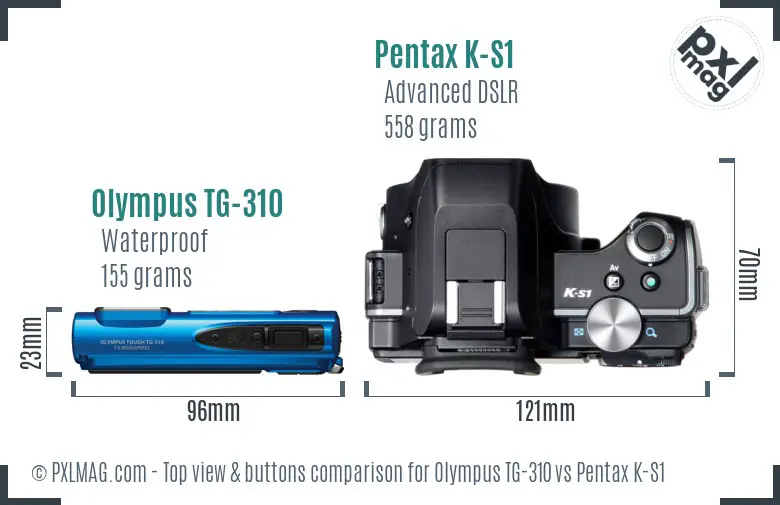 Olympus TG-310 vs Pentax K-S1 top view buttons comparison