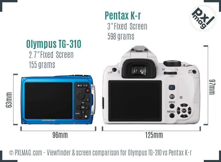 Olympus TG-310 vs Pentax K-r Screen and Viewfinder comparison