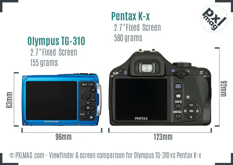 Olympus TG-310 vs Pentax K-x Screen and Viewfinder comparison
