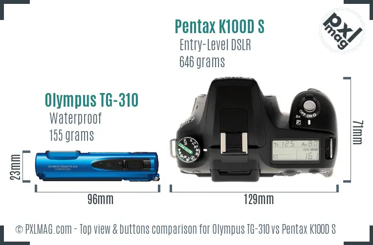 Olympus TG-310 vs Pentax K100D S top view buttons comparison