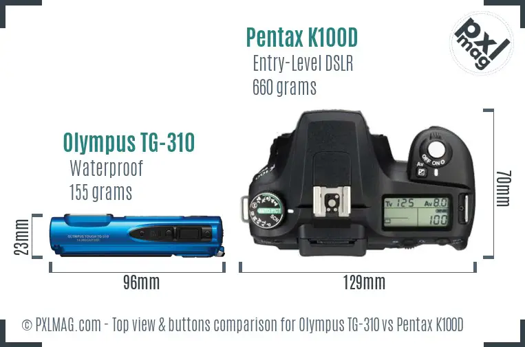 Olympus TG-310 vs Pentax K100D top view buttons comparison