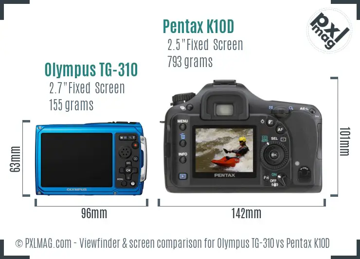 Olympus TG-310 vs Pentax K10D Screen and Viewfinder comparison