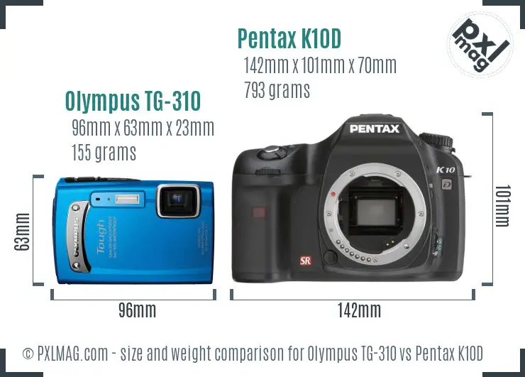 Olympus TG-310 vs Pentax K10D size comparison