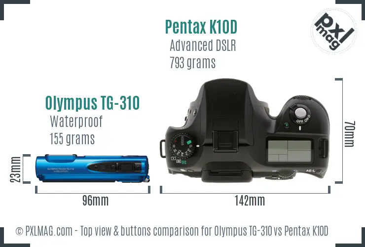 Olympus TG-310 vs Pentax K10D top view buttons comparison