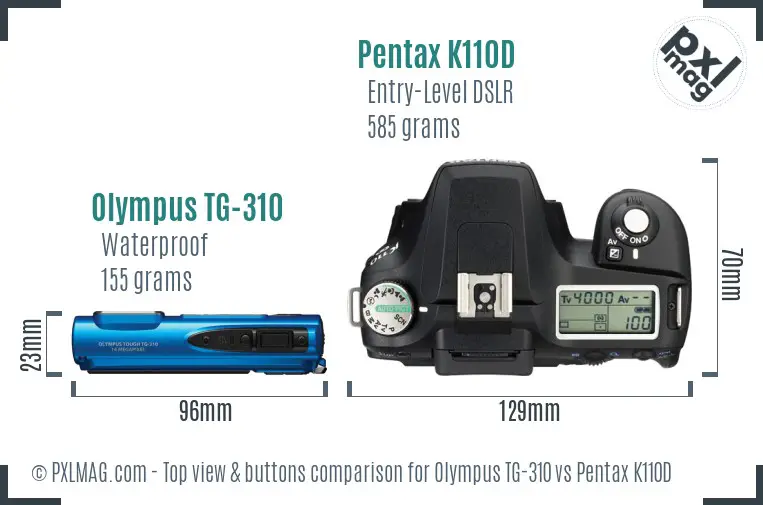Olympus TG-310 vs Pentax K110D top view buttons comparison
