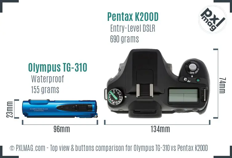 Olympus TG-310 vs Pentax K200D top view buttons comparison