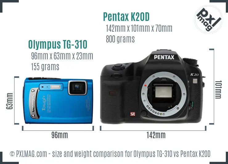 Olympus TG-310 vs Pentax K20D size comparison