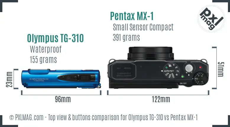 Olympus TG-310 vs Pentax MX-1 top view buttons comparison