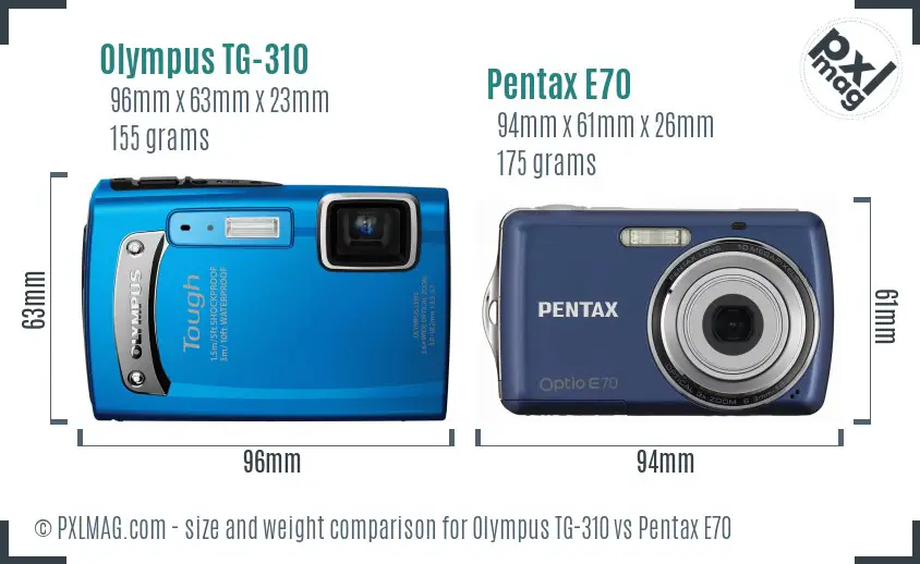 Olympus TG-310 vs Pentax E70 size comparison
