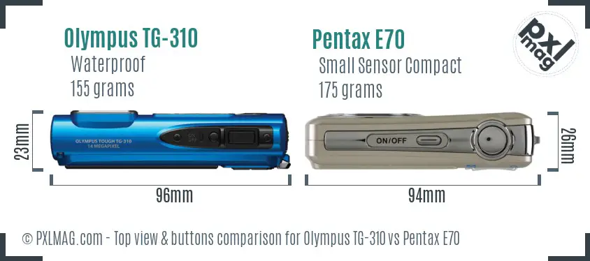 Olympus TG-310 vs Pentax E70 top view buttons comparison
