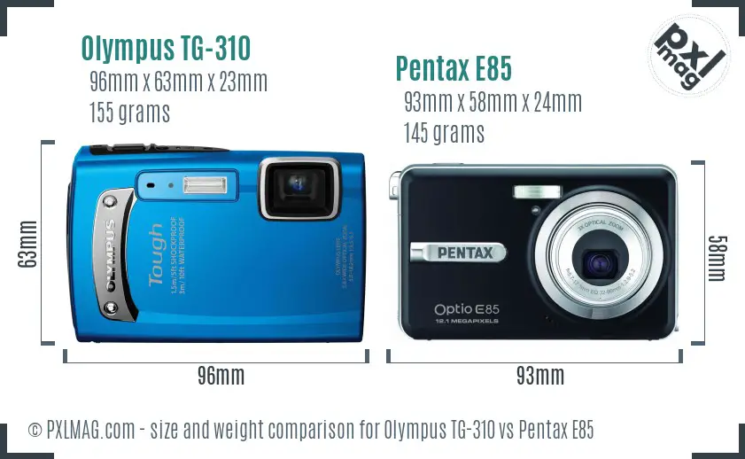 Olympus TG-310 vs Pentax E85 size comparison