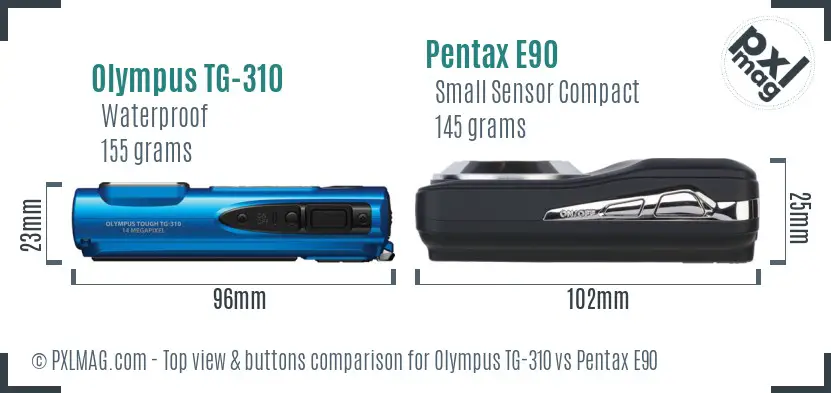 Olympus TG-310 vs Pentax E90 top view buttons comparison