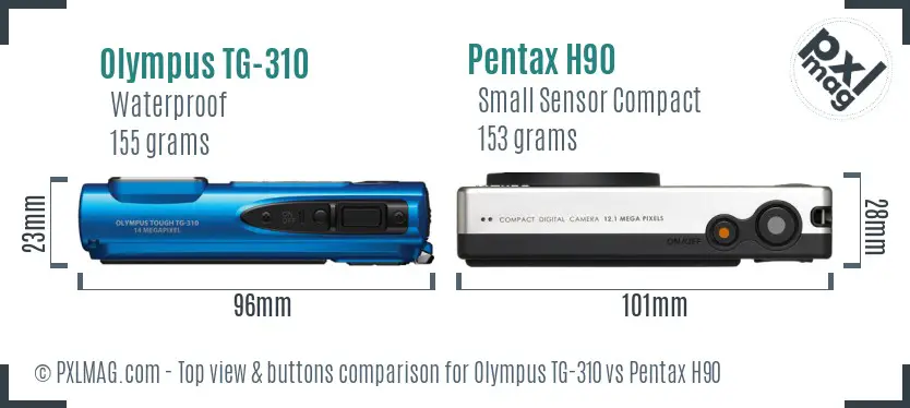 Olympus TG-310 vs Pentax H90 top view buttons comparison