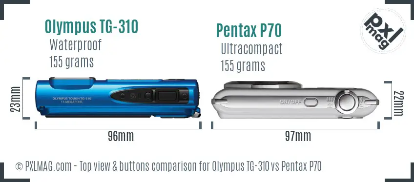Olympus TG-310 vs Pentax P70 top view buttons comparison