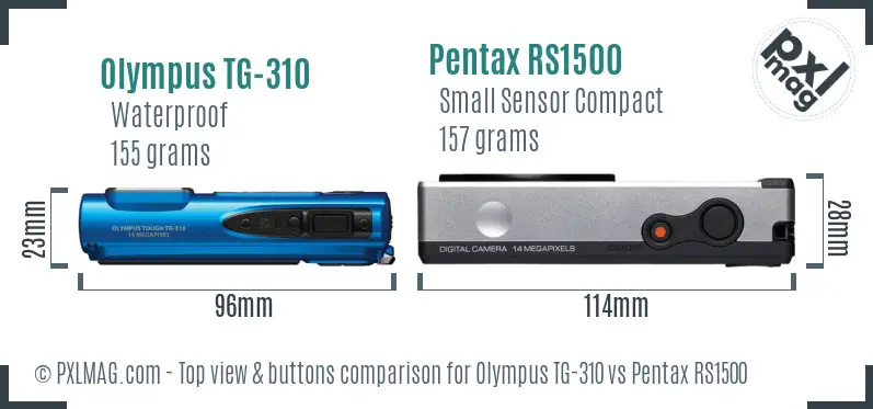Olympus TG-310 vs Pentax RS1500 top view buttons comparison Olympus TG-310 vs Pentax RS1500 top view buttons comparison