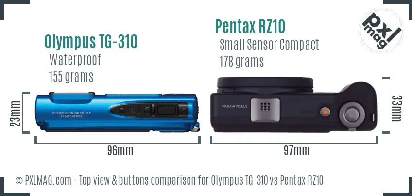 Olympus TG-310 vs Pentax RZ10 top view buttons comparison