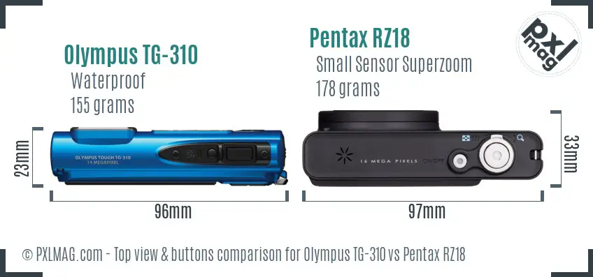 Olympus TG-310 vs Pentax RZ18 top view buttons comparison
