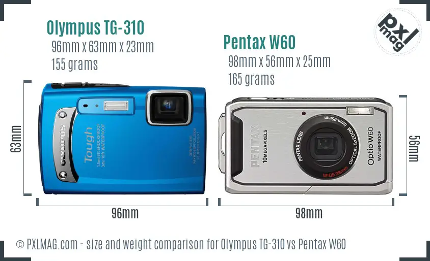 Olympus TG-310 vs Pentax W60 size comparison