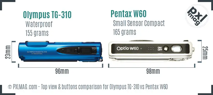 Olympus TG-310 vs Pentax W60 top view buttons comparison