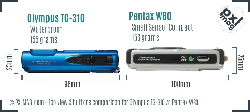 Olympus TG-310 vs Pentax W80 top view buttons comparison