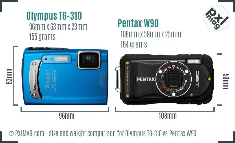 Olympus TG-310 vs Pentax W90 size comparison