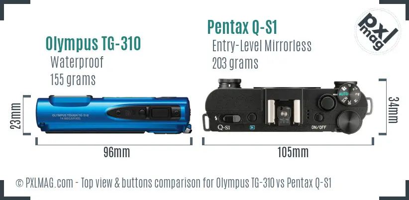 Olympus TG-310 vs Pentax Q-S1 top view buttons comparison