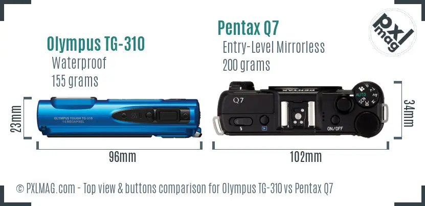 Olympus TG-310 vs Pentax Q7 top view buttons comparison