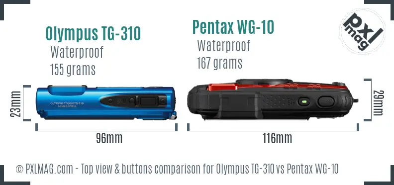 Olympus TG-310 vs Pentax WG-10 top view buttons comparison