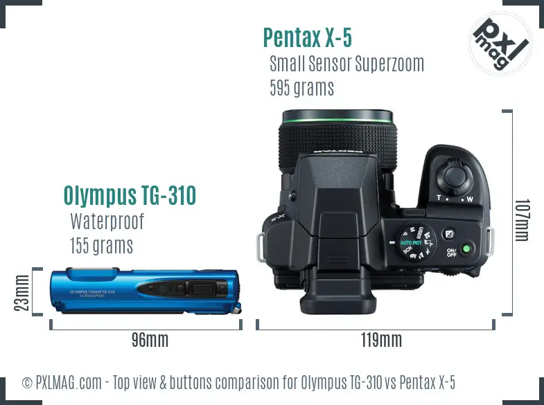 Olympus TG-310 vs Pentax X-5 top view buttons comparison Olympus TG-310 vs Pentax X-5 top view buttons comparison