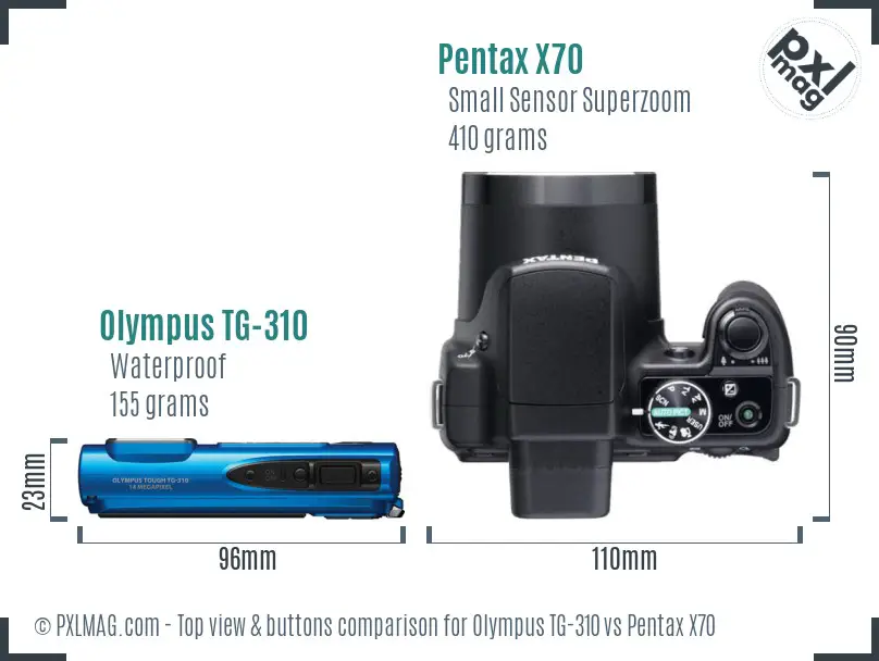 Olympus TG-310 vs Pentax X70 top view buttons comparison