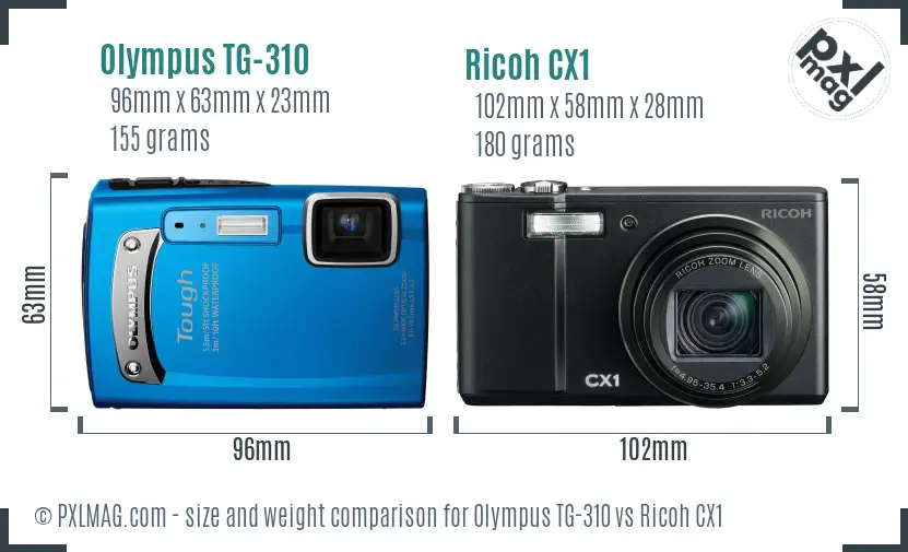 Olympus TG-310 vs Ricoh CX1 size comparison