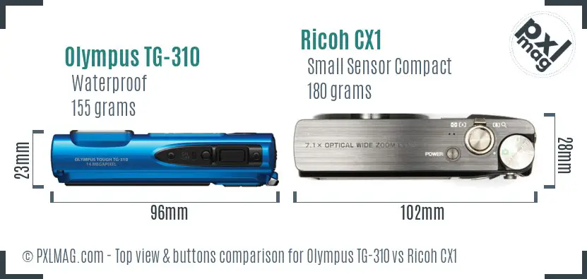 Olympus TG-310 vs Ricoh CX1 top view buttons comparison