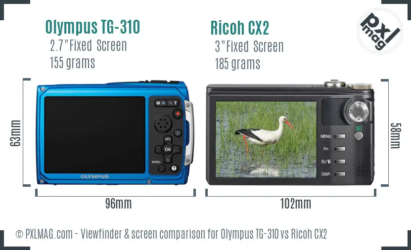 Olympus TG-310 vs Ricoh CX2 Screen and Viewfinder comparison